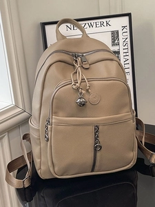 Damen Mode PU Leder Rucksack College Stil Lychee Textur Große Kapazität Schultasche Für Uni Reise Rucksack Mit Glockenanhänger