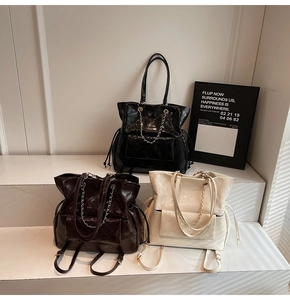 Detailed comparison of large quilted tote bags in black, coffee, and beige glossy finish