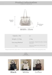 Detailed size chart and specifications for the large capacity PU tote shoulder bag