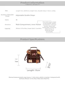 Brown PU suede backpack with cookie doll decor and detailed size 19x8x18cm specs