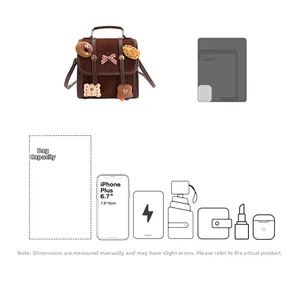 Detail showing brown suede bag capacity for a 6.7-inch phone and essentials