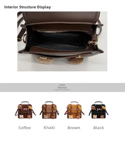 Detail view of four casual backpacks in brown and black with cute plush bear charms