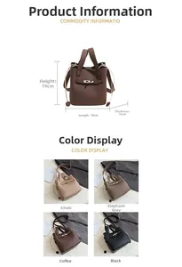 Detailed size guide and color options for leather bucket bag with lock closure