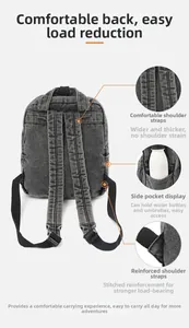 Details des grauen Denim-Rucksacks mit dicken Schultergurten und praktischen Seitentaschen