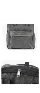 Details der vorderen Reißverschlusstasche und Metallbeschläge am Denim-Rucksack