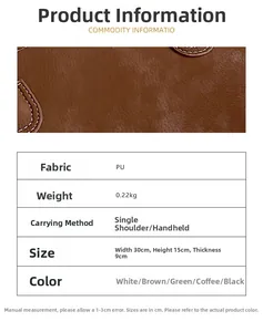 Close-up of brown PU leather texture with white contrast stitching and product dimensions