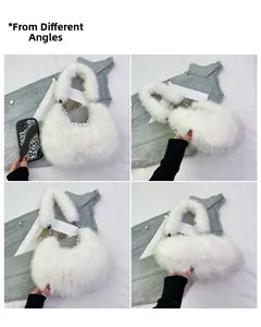 Vue multi-angle d'un sac à main en fausse fourrure blanche avec perles et design hobo