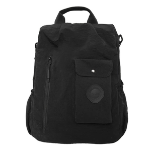 Minimalist black nylon backpack with a textured surface and functional pockets