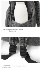 Detail der Cord-Rucksack-Seitentasche mit Wasserflasche und verstellbarem Schultergurt