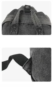 Detail der verstärkten Nähte und Metalldruckknöpfe am schwarzen gewaschenen Denim-Rucksack