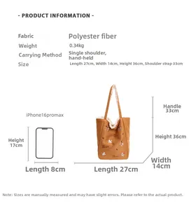 Dettagli dimensionali della borsa tote in peluche e scala iPhone 16 Pro Max