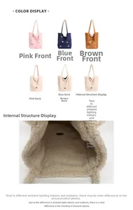 Dettaglio borse shopper in peluche rosa blu e marrone con fodera in morbido sherpa
