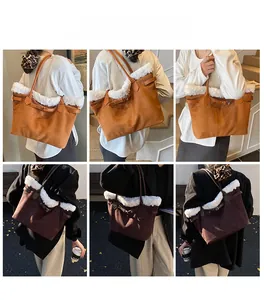 Close-up of faux suede tote bags featuring plush white faux fur trim and metal buckles