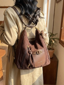 Large dark brown suede vintage tote bag with MKCK PARIS logo and plush dog charm
