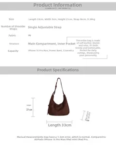 Detailed size specifications for the brown faux suede tote bag showing its dimensions