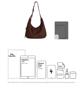 Size guide showing large suede hobo bag capacity for iPad Pro 11 inch and daily essentials