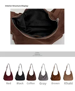 Detail view of the suede hobo bag interior with zipper pocket and six color displays