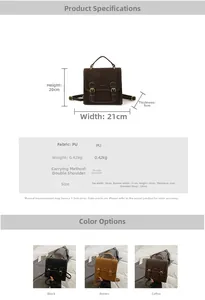Detailed size chart and specifications for the vintage PU leather small backpack in three colors