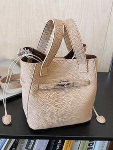 Women Fashion Lychee Grain PU Leather Bucket Bag Metal Twist Lock Large Capacity Commuter Shoulder Crossbody Bag Handbag