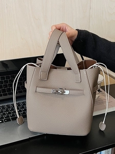 Elephant grey pebbled leather bucket bag with silver metal lock for women's daily commute
