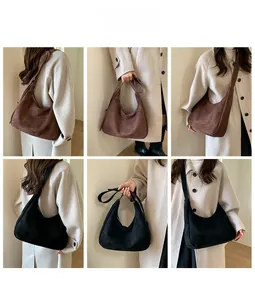 Detailed views of high-capacity faux suede hobo bag shown in brown and black styles
