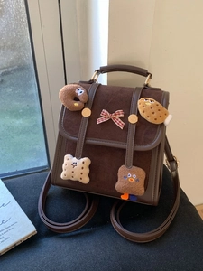 Women Retro Preppy Mini Backpack With Cute Plush Food Charms Bowknot Contrast Stitching PU Leather School Shoulder Bag