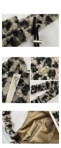 Close-up of leopard plush tote bag with metal zipper and handmade metal label