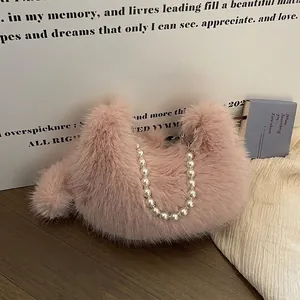 Sac à Bandoulière en Peluche pour Femme Décoration Chaîne de Künstliche Perles Élégant Sac Hobo Hiver Sac à Main Mode