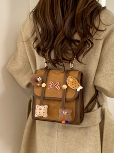 Retro brown contrast color backpack for women with cute food patches and plaid bow decoration