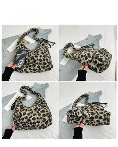 Detail view showing four angles of a leopard print plush tote bag with rope straps