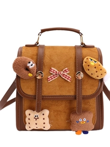 Brown suede backpack for women with contrast trim and cute plush cartoon pendants