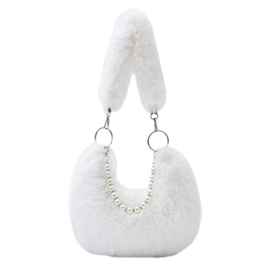 Sac à main chic en peluche blanche pour femme avec chaîne en perles et bandoulière
