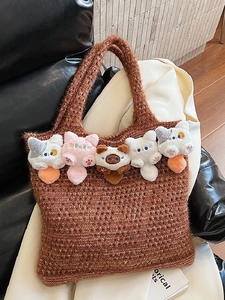 Fashion Knitted Hollow Tote Bag Personalized Crochet Shoulder Bag With Plush Cat Dolls Versatile Handbag For Women