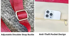 Détail des bretelles en nylon rouge avec boucles métalliques et poche intérieure zippée antivol