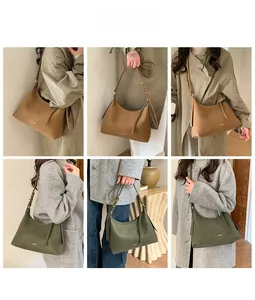 Collage of leather hobo bags in caramel brown and vintage green worn with casual coats