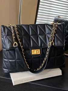 Grand Sac à Épaule Matelassé pour Femmes Chaîne Cuir PU Sac Cabas Géométrique Serrure en Métal Sac Bandoulière Bureau
