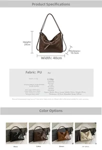 Detailmaße und Farbdisplay der großen Vintage PU Leder Tragetasche für Damen im Überblick