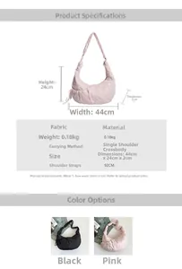 Detailed size specifications for the large crescent quilted puffer canvas shoulder bag