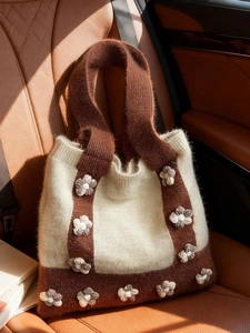 Women Vintage Knitted Tote Bag With 3D Floral Decoration Large Capacity Contrast Color Knit Shoulder Bag For Autumn Winter Fashion