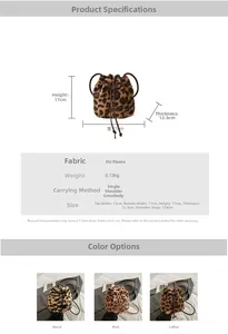 Detailed size chart for leopard plush bucket bag with dimensions and styling options