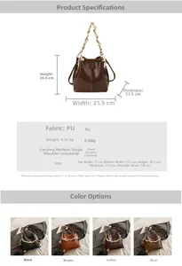 Size chart for winter PU bucket bag showing height 20.5cm and width 21.5cm specifications