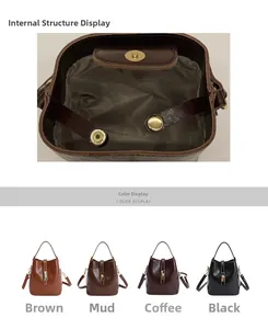 Detail view of large interior compartment and color options for bucket shoulder bag