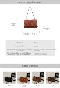 Detailed chart showing PU leather shoulder bag dimensions 35x22x14cm and color options