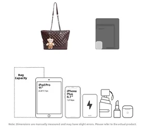 Detail showing high-capacity brown quilted tote bag compared with iPad and iPhone