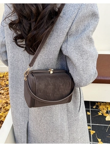 Retro coffee brown crossbody box bag shown on model during a scenic autumn commute