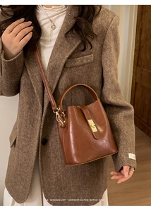 Detailed view of brown leather bucket bag with gold clasp and elegant metal hardware