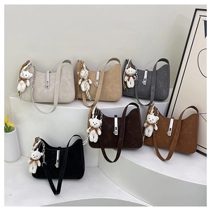 Hobo shoulder bag set in six colors with metallic buckle and cute bear pendant charms