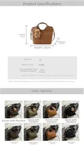 Detailed technical drawing of PU leather bucket bag with dimensions and color options