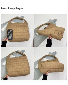 Vues détaillées d'un sac bouffant matelassé kaki montrant la texture et les angles variés