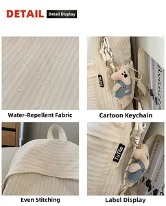Detail of water-resistant plaid backpack showing stitching and cute bear charm